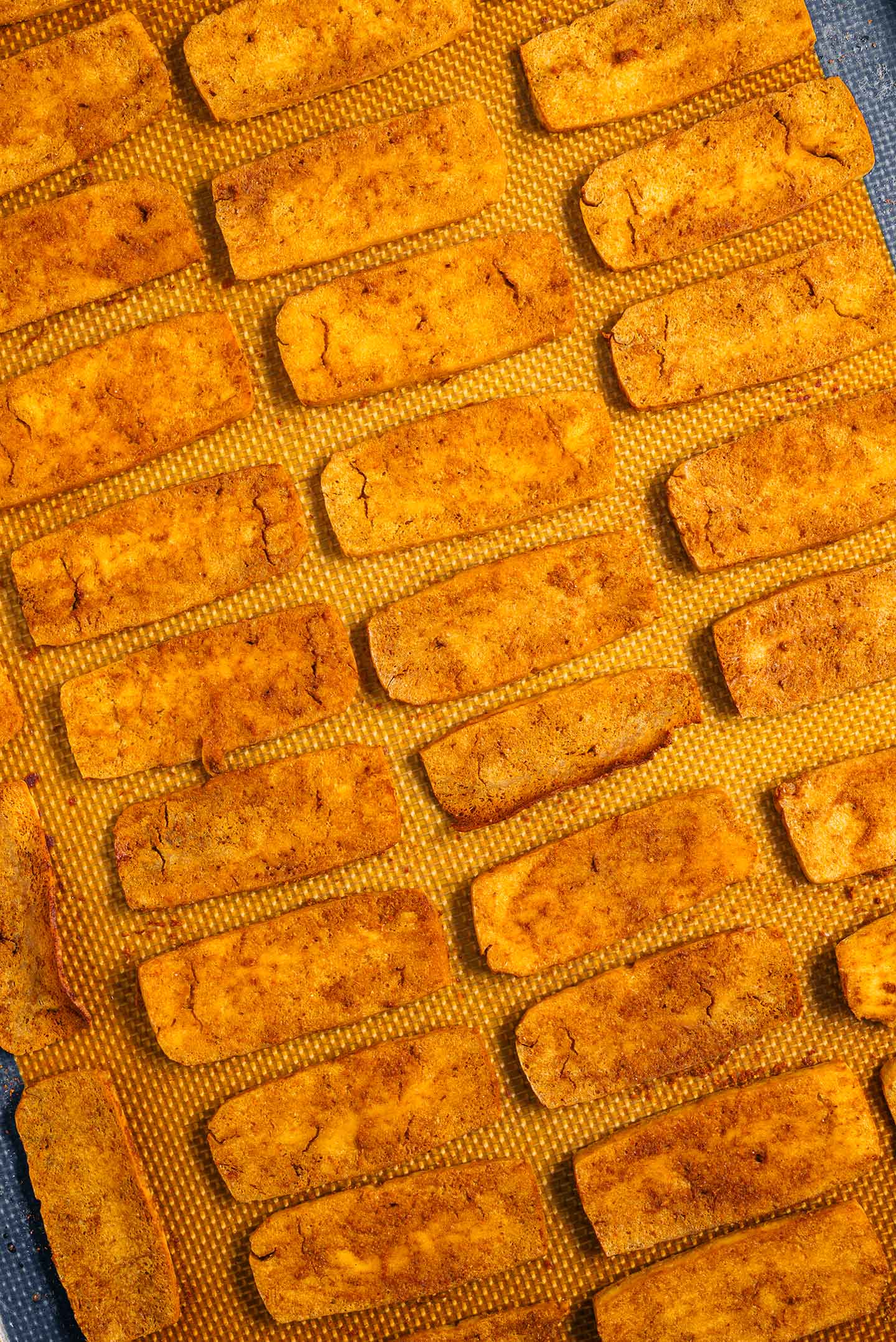 Top down view of slices of tofu after being baked. They look golden and crispy.