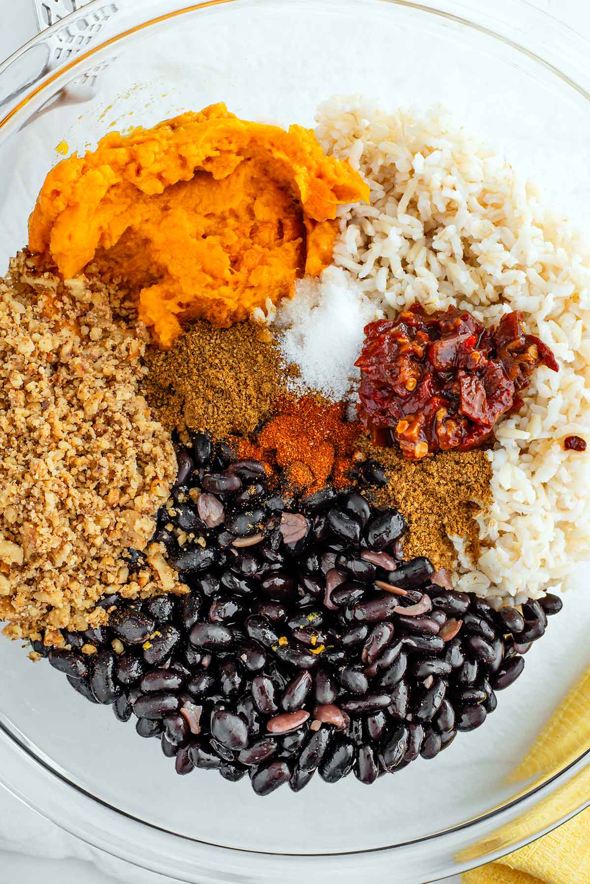 Top down view of the ingredients in a bowl before being mashed.