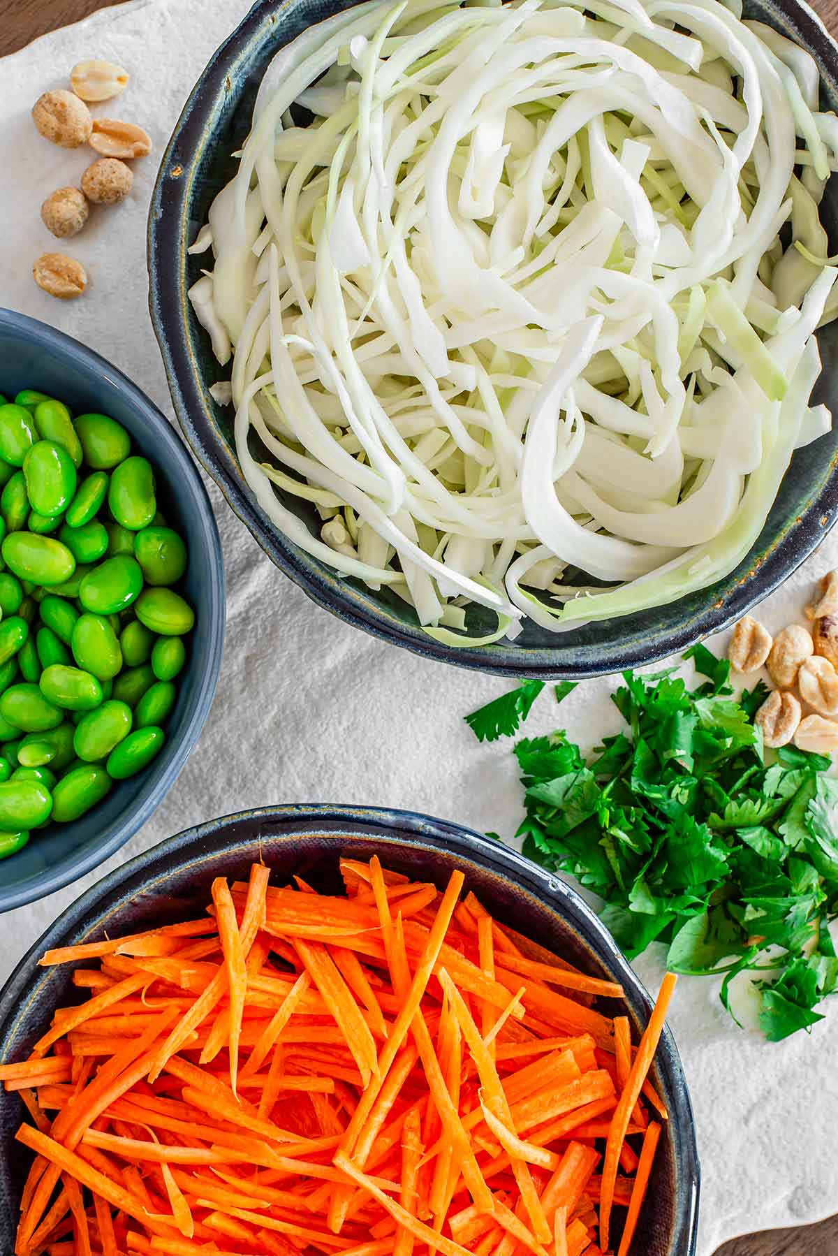 Top down view of ingredients on a white tray. Shredded green cabbage, shredded carrot, shelled edamame, torn cilantro leaves, and roasted peanuts.