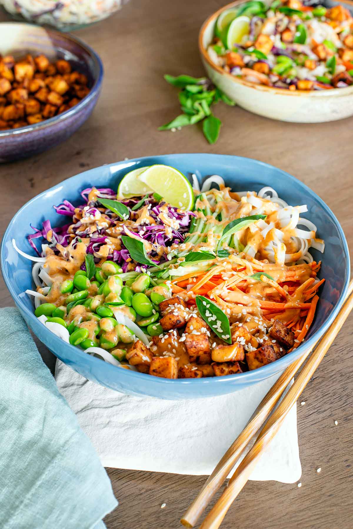 Side view of a cold noodle salad in a large bowl. The rice noodles, veggies, and tofu are arranged in quadrants and the creamy peanut sauce is drizzled over top.