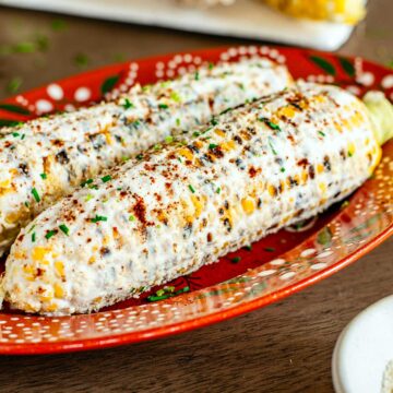 Side view of two vegan elotes on a Mexican clay platter. The cobs of corn of grilled and coated in creamy and cheesy toppings. They are garnished with chili powder and chopped chives.